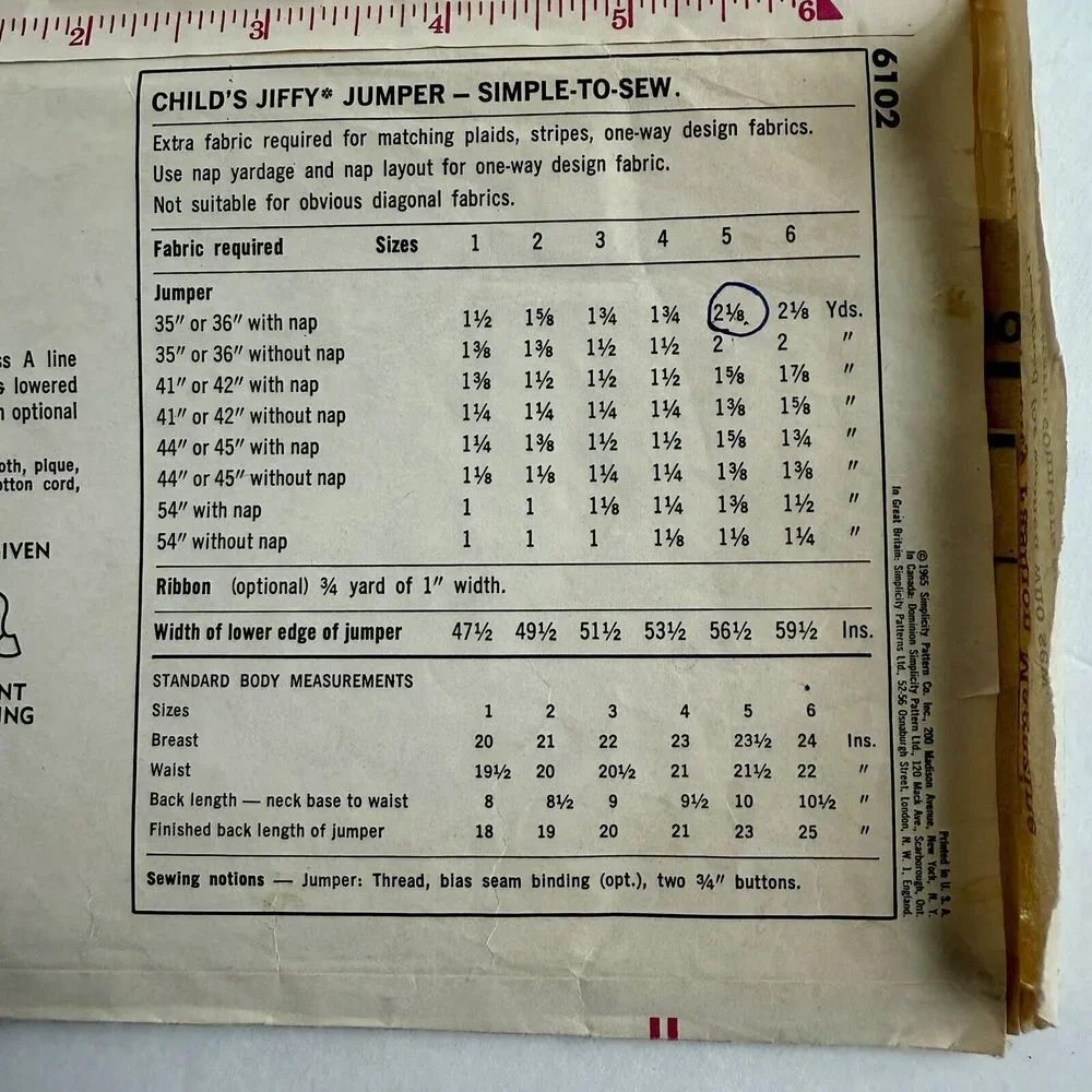 Vtg 1965 Simplicity 6102 Child's Jiffy Dress Jumper Pattern Easy Pattern Size 5
